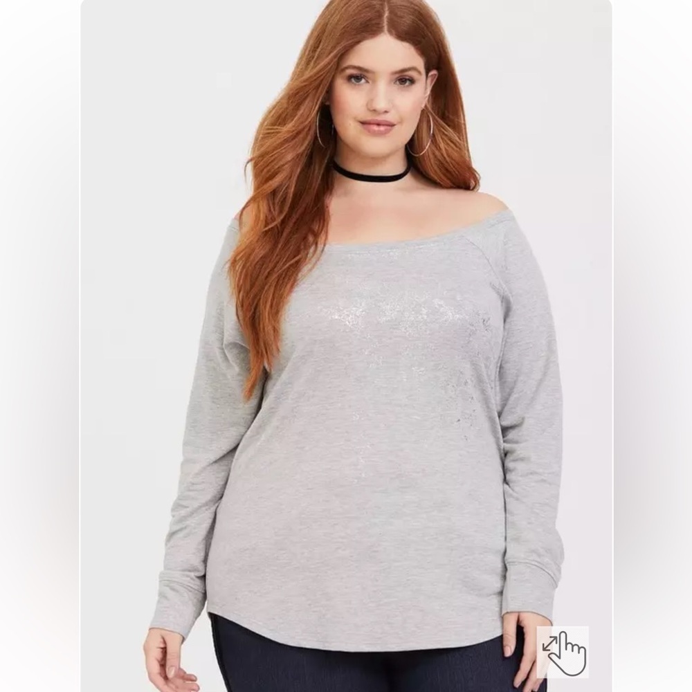 Torrid Size 4 Grey Off-the-Shoulder Foil Sweatshirt